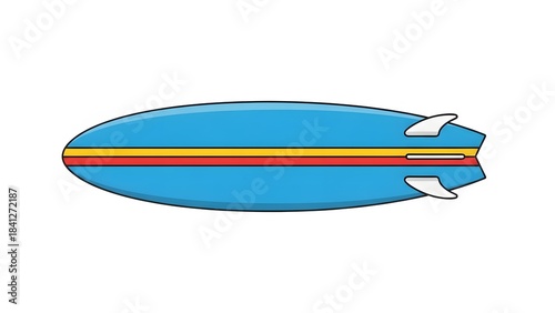 Blue surfboard with red and yellow stripes and white fins