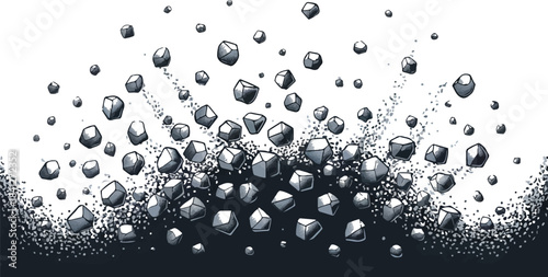Abstract dark gray and black geometric shapes and particles floating upwards and dispersing on a transparent background