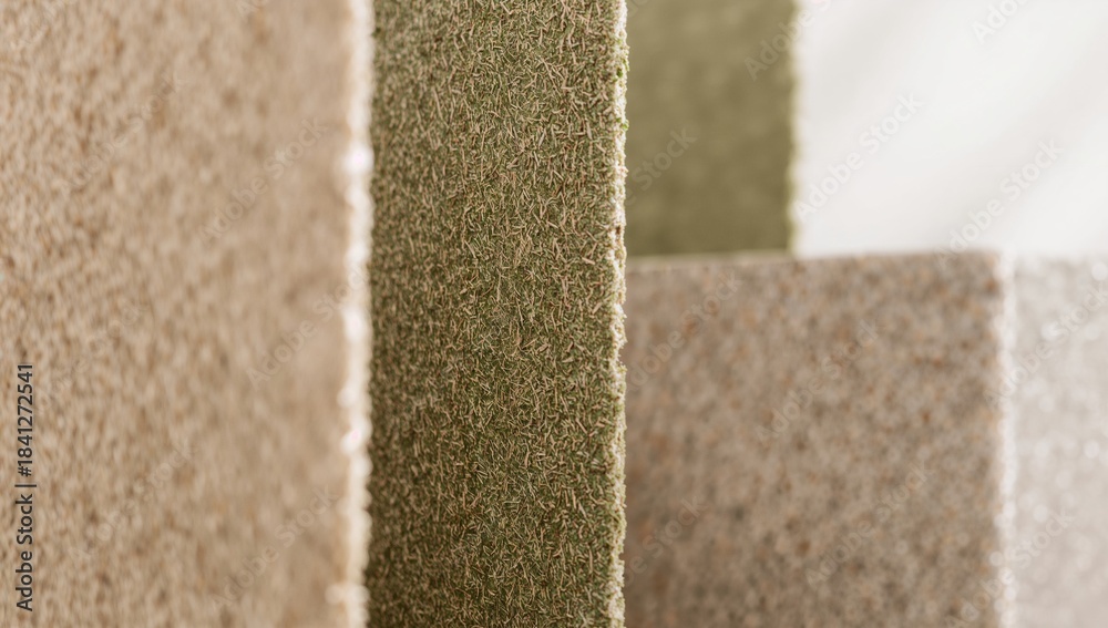 Fototapeta premium Featuring olive-green textured panel standing vertically on studio tabletop, with beige foam blocks