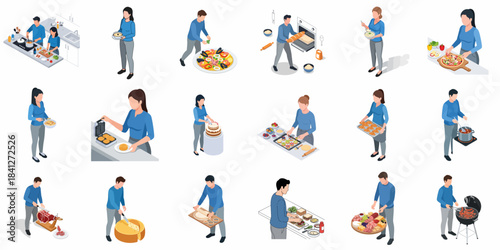 Isometric Detailed Food Preparation and Cooking People Illustration in Different Activities