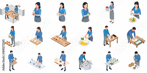 Isometric Detailed Culinary Preparation People Set in Kitchen Environment Illustration