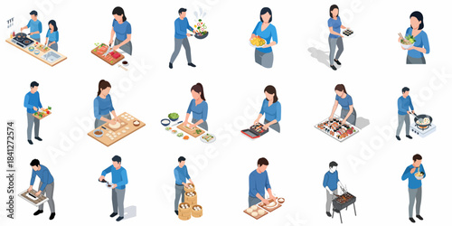 Isometric Detailed Illustration Cooking Preparation and Process with Family Member