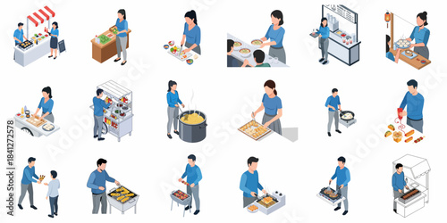 Isometric Illustration of Street Food Preparation and Sale Scene Collection Set