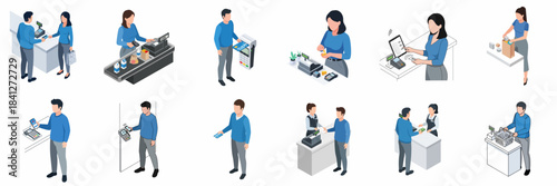 Isometric Detailed People Customer and Staff at Point of Sale Set Illustration
