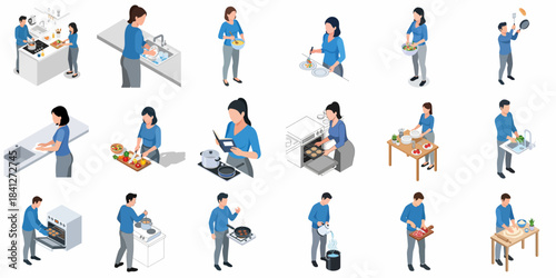 Isometric Detailed Home Kitchen Activity Illustration of People Cooking and Cleaning