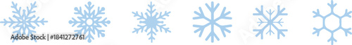 Set of five unique light blue snowflake icons with geometric crystal patterns, flat design line art vector illustration on a white background