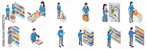 Isometric People Shopping Groceries Variety in Supermarket Aisle and Checkout Illustration