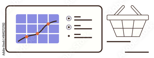 Graph with trend line on data grid, shopping basket beside text info. Ideal for data analytics, business growth, market insights, consumer behavior, product success, retail trends, simple flat
