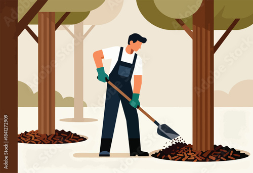 Person in overalls mulching around trees with a shovel