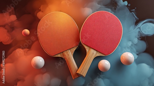 Elegant photo of Two ping pong paddles with balls amidst swirling smoke in orange and blue hues