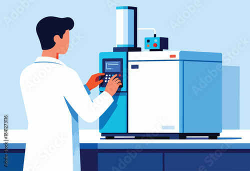 Scientist in lab coat operates complex laboratory equipment with digital interface