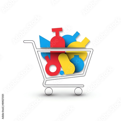 Shopping cart with abstract shapes, online shopping concept