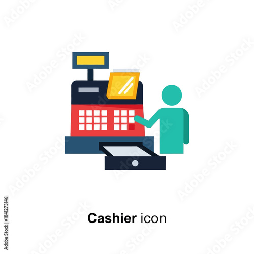 Stylized cashier interaction at point of sale terminal vector illustration