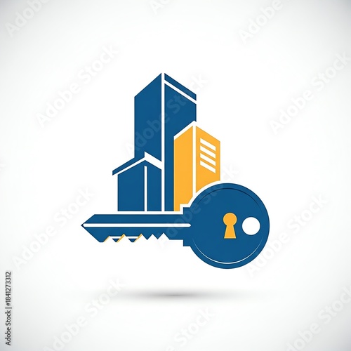 Blue Key with Buildings Icon - Real Estate Security Concept