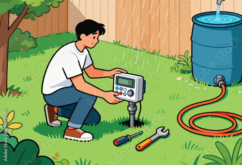 Gardener adjusts timer near rain barrel and tools on a grassy lawn