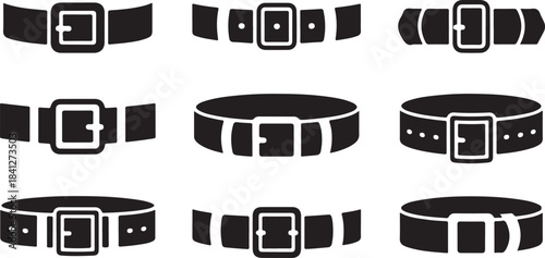 Nine black silhouette icons of belts with square buckles in diverse designs and strap arrangements fashion