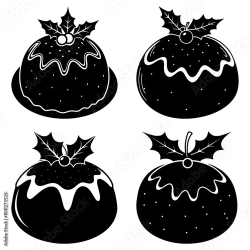 Four Christmas Puddings with Holly Decorations on White Background festive holiday 1