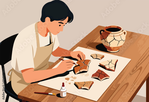 Person carefully restoring broken pottery shards on a table
