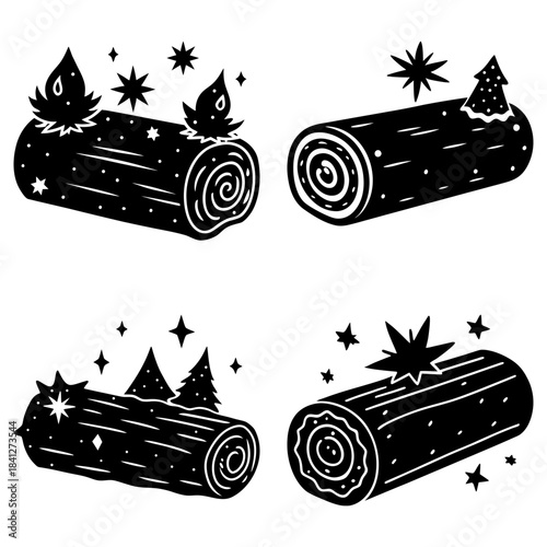 Four Logs with Stars and Flames on White Background firewood night