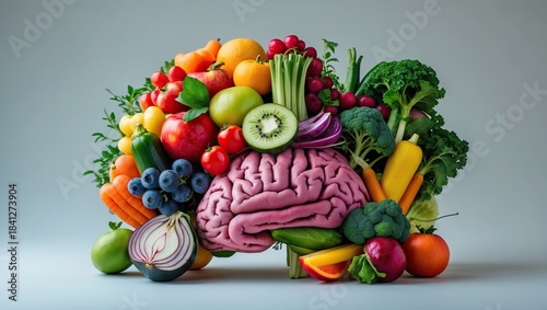 Brain surrounded by fruits and vegetables — AI generated