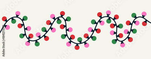 Light garland, Christmas holiday bulbs on curved twisted string. Colored electric decor, illumination with lightbulbs in retro style. Festive seasonal decoration, ornament. Flat vector illustration