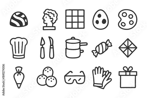 Collection of hand-drawn icon set: food, art, tools, gift, chef, candy.