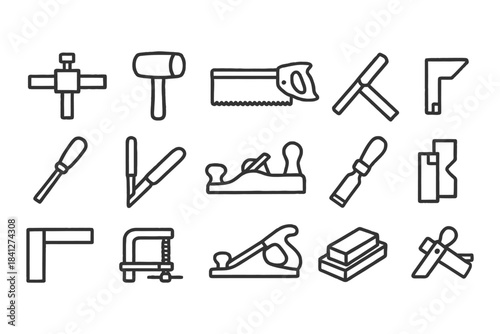 Set of vintage carpentry tools icons: hammer, saw, plane, chisel, clamp.