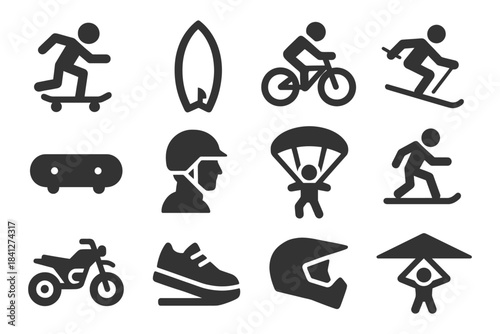Extreme sports icons: skateboarding, surfing, cycling, skiing, motorbiking, paragliding.