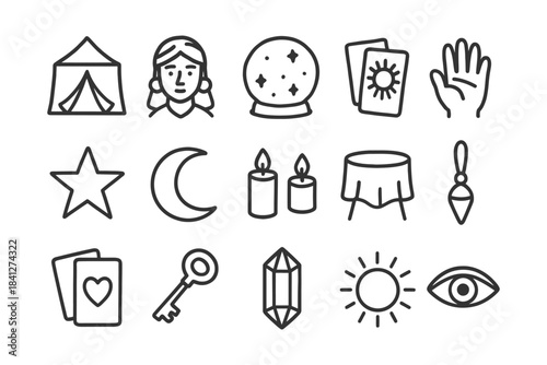 Hand-drawn symbols of fortune telling and mysticism.