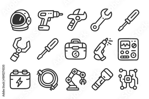 Collection of engineering and robotics tool icons in black and white.