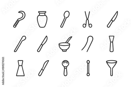 Collection of minimalist kitchen utensil icons: knife, spoon, bowl, scissors.