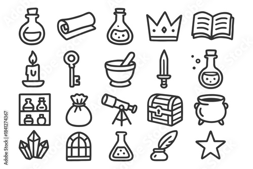 Magic and alchemy icons: potions, scrolls, crowns, mortars, and more.