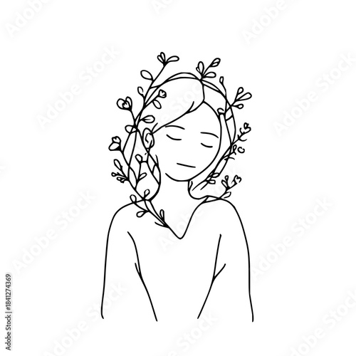 Minimalist line art drawing of a woman with closed eyes and delicate botanical elements, isolated on