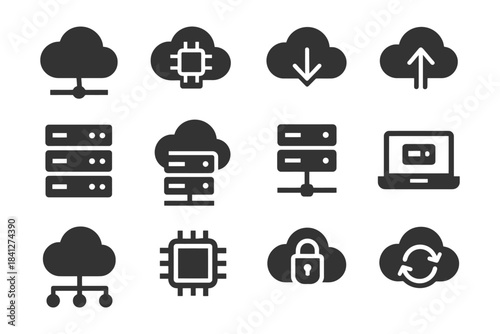Cloud computing and data management icons set: download, upload, security, synchronization.