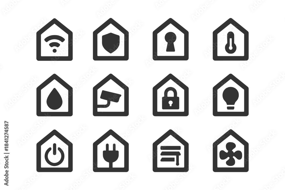 Fototapeta premium Smart home icon set: security, energy, access, and connectivity symbols.