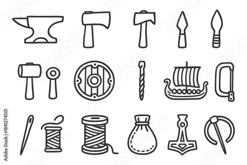 Medieval tools and artifacts icons: anvil, axe, shield, viking ship, sewing items.