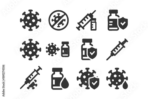 Black and white vaccine and virus icons including syringe and shield.