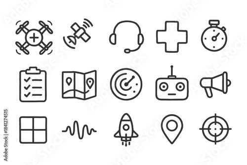 Drone and technology icons set: drone, satellite, headset, stopwatch, map, megaphone, rocket.