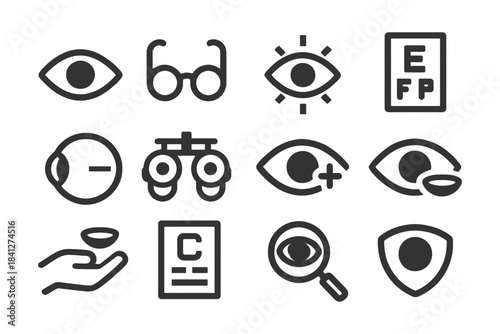 Optometry icons: vision test, glasses, eye examination, contact lenses, eye health.