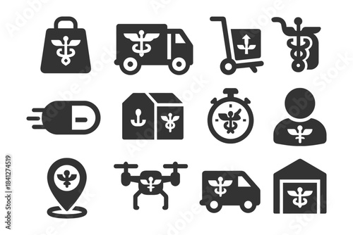 Medical delivery icons set featuring drone, truck, and box with caduceus symbol.