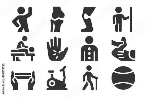 Physical therapy icons: exercise, equipment, rehabilitation, strength, massage.