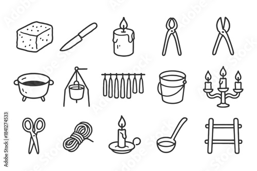 Hand-drawn kitchen and utility tools collection in black and white.