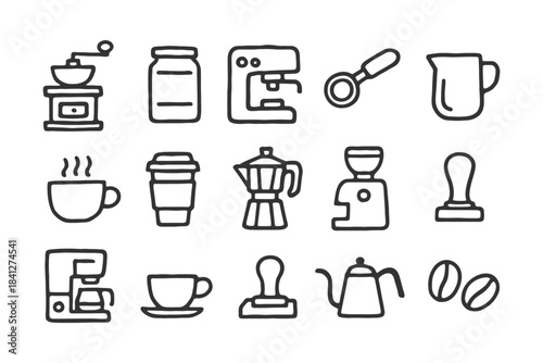Hand-drawn coffee icons: grinder, machine, cup, beans, kettle.