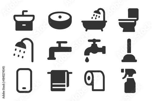 Bathroom icons collection: sink, bathtub, toilet, shower, faucet, plunger, towel, spray bottle.