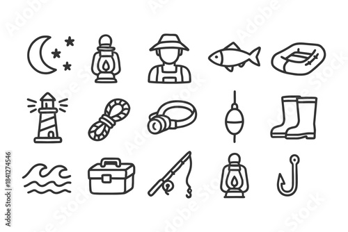 Camping and fishing icon set featuring lanterns, fisherman, boat, and lighthouse.