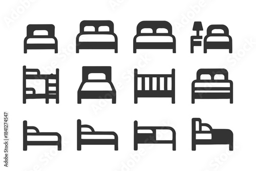 Various bed icons set in black: bunk, crib, double, and single designs.