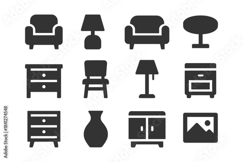 Collection of minimalist black silhouette furniture icons including chairs and cabinets.