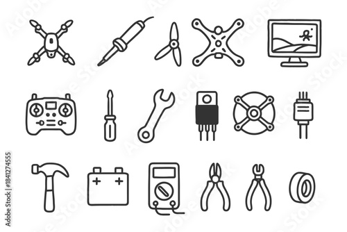 Drone and electronics tools set with repair equipment icons.