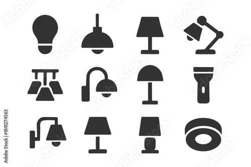 Collection of various black silhouette light fixture icons on white background.