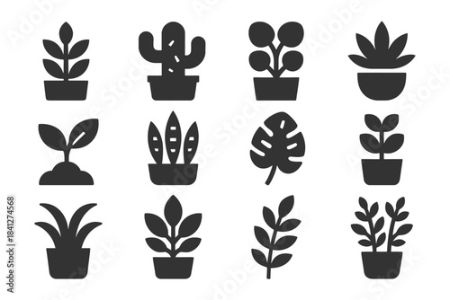 Set of black silhouette potted plants and leaves icons.